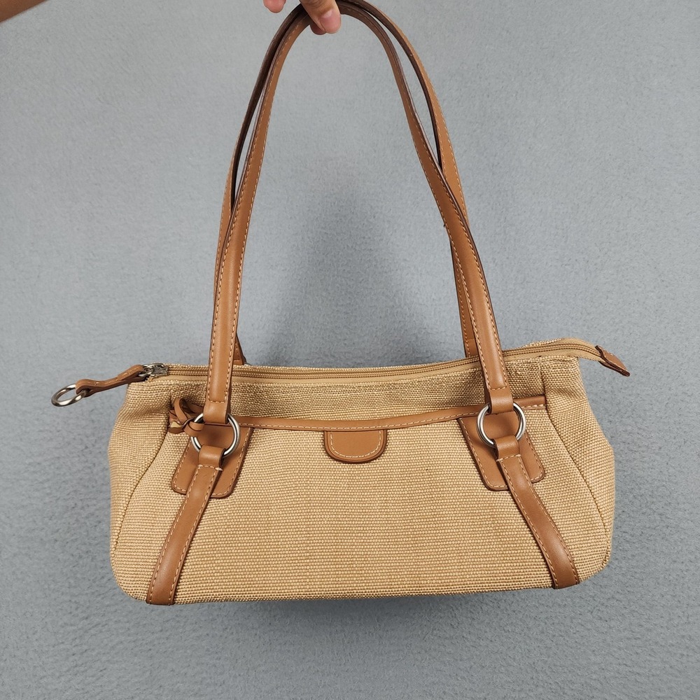 Fossil Shoulder Bag Womens Medium Beige Canvas Leather Zip Key Charm Striped